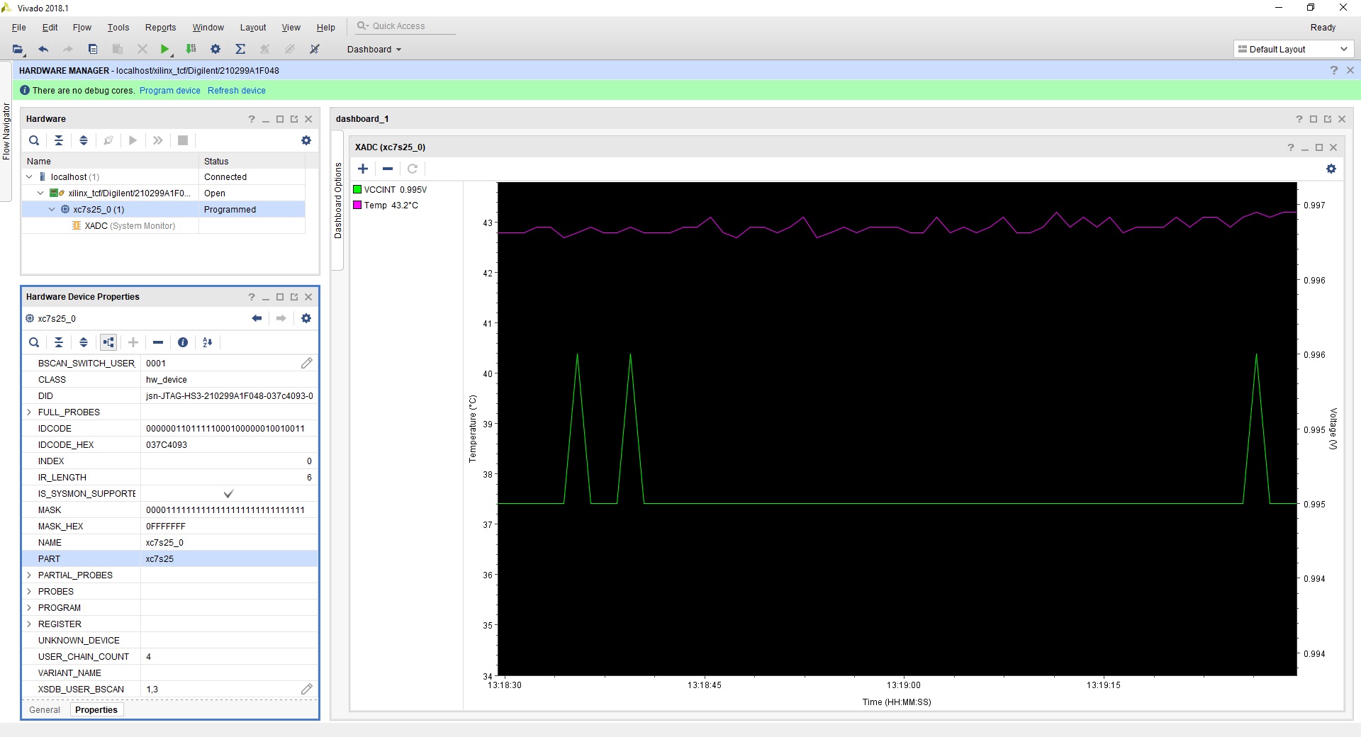 Spartan-7 FPGA module, XADC values in Xilinx Vivado Hardware Manager